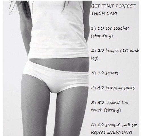 Often the Thigh Gap is camouflaged to being motivation for exercise and fitness. Image from the Thigh Gap Tumblr